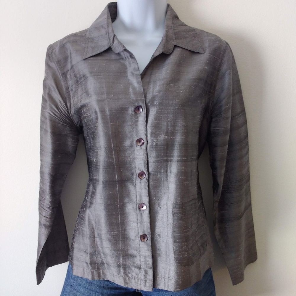 TravelSmith Raw Silk Blouse Gray Petite Medium